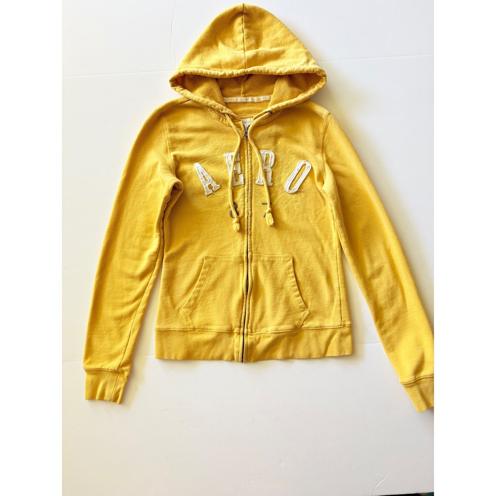 Aeropostale Hoodie Women Small Yellow Cotton Blend Zip Up Graphic Y2K Sweatshirt